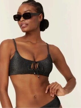 NWT Andie Swim The Waikiki Top Black Ribbed Glitter Size Large